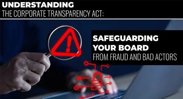 A person holding a magnifying glass over a red warning icon, with text about understanding the Corporate Transparency Act and safeguarding boards from fraud and bad actors.