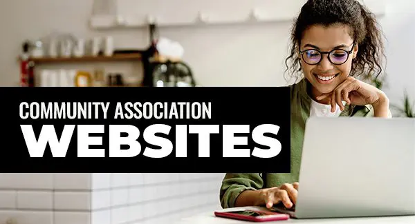 A woman wearing glasses sits at a kitchen counter using a laptop. Text on the image reads "Community Association Websites.