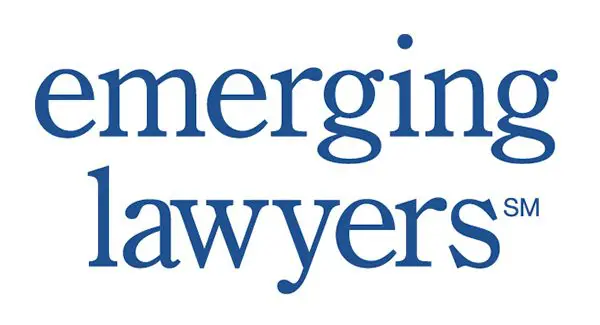 The image displays the words "emerging lawyers" in blue serif font on a white background, with "SM" in superscript next to "lawyers.