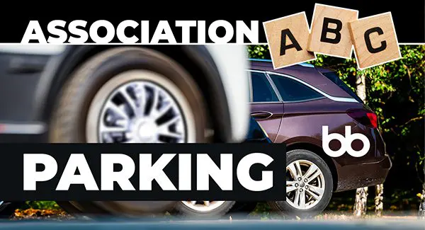 Two cars parked outdoors with text "ASSOCIATION ABC PARKING" and Scrabble tiles displaying “ABC” over the image.
