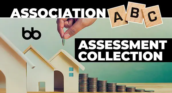 A hand places a coin into a small wooden house beside stacked coins, with the text "Association Assessment Collection" and Scrabble tiles spelling "ABC.