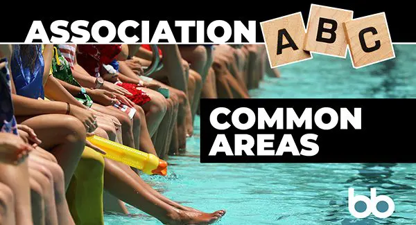 People sitting by the edge of a pool with their feet in the water; text reads "Association ABC Common Areas" with Scrabble tiles and a yellow water toy visible.