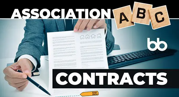 A person in a suit reviews a contract at a desk, with the words "Association ABC Contracts" and "bb" logo overlaid on the image.