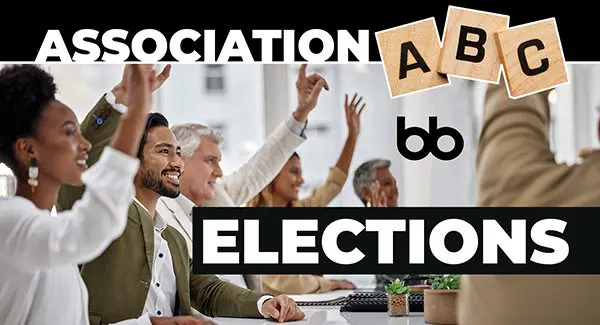 Group of people sitting at a table raising their hands, with the words "Association ABC Elections" overlaid on the image.