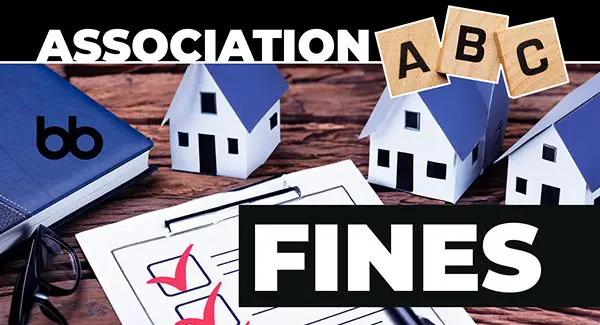 Image shows model houses, Scrabble tiles spelling "ABC," a checklist with red check marks, and the words "ASSOCIATION FINES" in bold text.