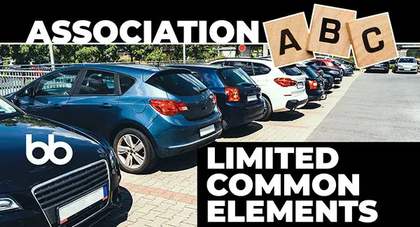 A row of parked cars in a parking lot with text reading "Association ABC Limited Common Elements" overlaid on the image.