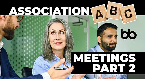 Three people in a meeting room talking, with text reading "Association ABC Meetings Part 2" and Scrabble tiles spelling "ABC" at the top.