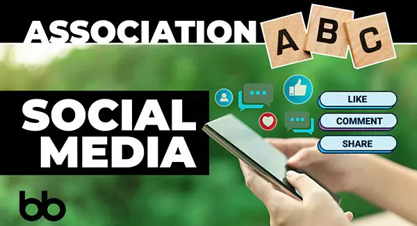 A person uses a smartphone with social media icons, including like, comment, and share buttons, next to the text "Association Social Media" and Scrabble tiles spelling "ABC.