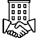 Outline icon of two hands shaking in front of a multi-story building, symbolizing a business agreement or partnership.