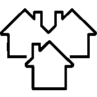 Three simplistic house outlines overlap, with one house in front and two behind, drawn in black lines on a white background.