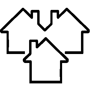 Three simplistic house outlines overlap, with one house in front and two behind, drawn in black lines on a white background.