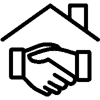 Icon of two hands shaking beneath a roof outline, representing agreement or partnership in real estate or housing.