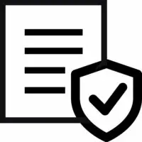 A document icon with four horizontal lines next to a shield featuring a check mark, symbolizing approval or security.