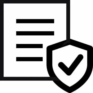 A document icon with four horizontal lines next to a shield featuring a check mark, symbolizing approval or security.