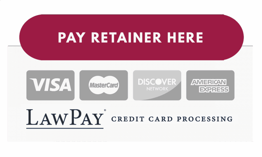 Banner reading "Pay Retainer Here" with logos for Visa, MasterCard, Discover Network, American Express, and LawPay credit card processing.
