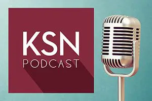 A vintage-style microphone stands next to a maroon square with the text "KSN Podcast" on a teal background.