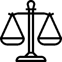 Black and white line drawing of a balanced scale with two pans and a central support.