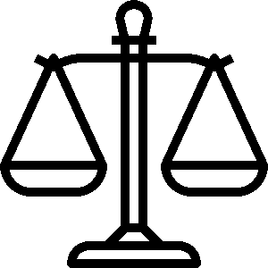 Black and white line drawing of a balanced scale with two pans and a central support.