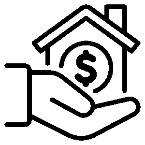 Outline of a hand holding a house with a dollar sign inside, representing concepts such as real estate, mortgage, home loan, or property investment.