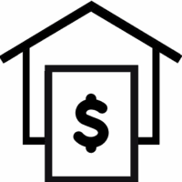 Black and white icon of a bank building with a dollar sign in front, representing banking or financial services.