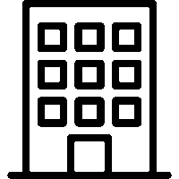 Simple black and white line drawing of a building with four floors, a door at the bottom center, and three windows on each floor.