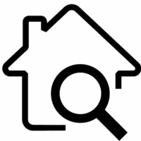Simple black house outline icon with a magnifying glass overlay, representing home search or real estate search.