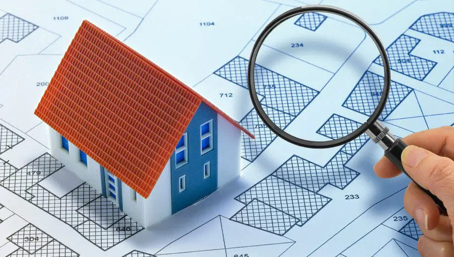 A hand holds a magnifying glass over a map of property plots, next to a model house with a red roof and blue walls, referencing the inspection for potential construction defects.