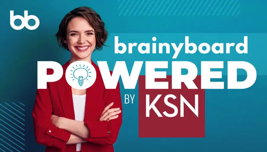 A woman in a red blazer stands smiling in front of a blue background with text that reads "brainyboard POWERED BY KSN" and a lightbulb icon.