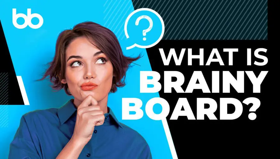 A woman with short hair in a blue shirt poses thoughtfully next to large text that reads "What is Brainy Board?" on a blue and black background.