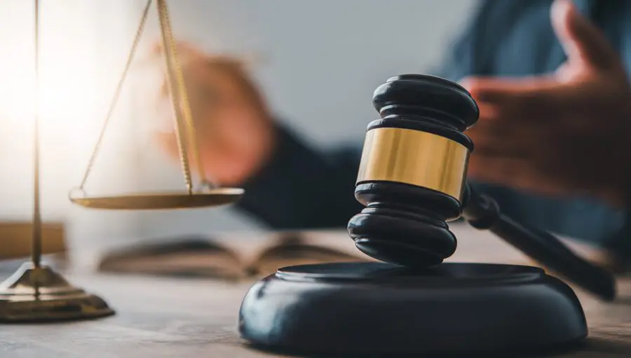 A judge's gavel and a balance scale sit on a desk, with an open book and a person’s hands visible in the background.