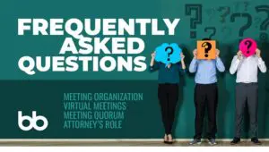 Three people hold colored cards with question marks over their faces next to text about frequently asked questions on meeting topics.