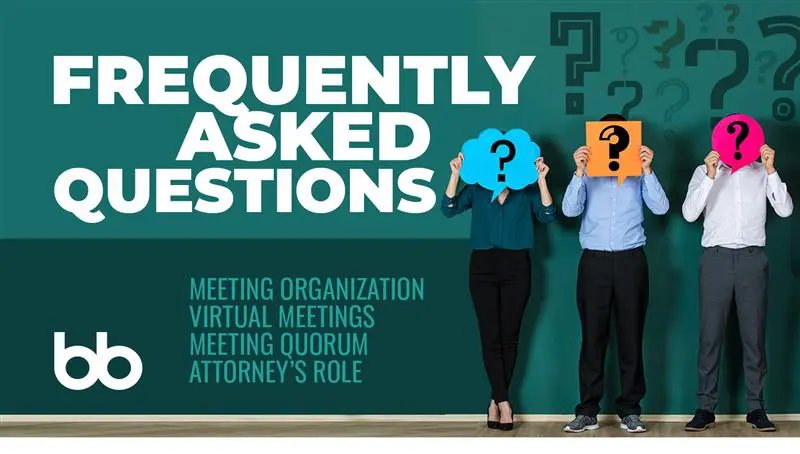 Three people hold colored cards with question marks over their faces next to text about frequently asked questions on meeting topics.