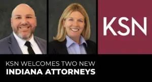 Two people in professional attire are shown side by side next to the KSN logo. Text below reads: "KSN welcomes two new Indiana attorneys.