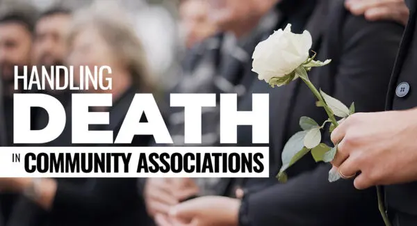 A person holds a white rose at a gathering, with text reading "Handling Death in Community Associations" overlaying the image.