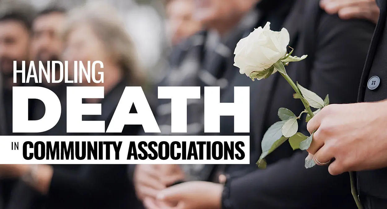 A person holds a white rose at a gathering, with text reading "Handling Death in Community Associations" overlaying the image.