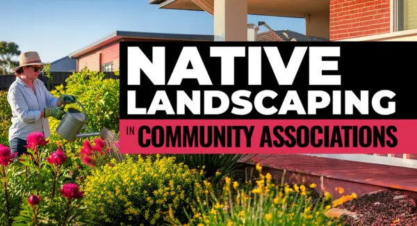 A person waters native plants in a residential garden. Text reads: "Native Landscaping in Community Associations.