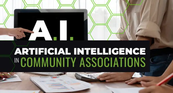 Two people discuss a screen displaying "A.I." with overlaid text reading "Artificial Intelligence in Community Associations" on a table with documents and a calculator.