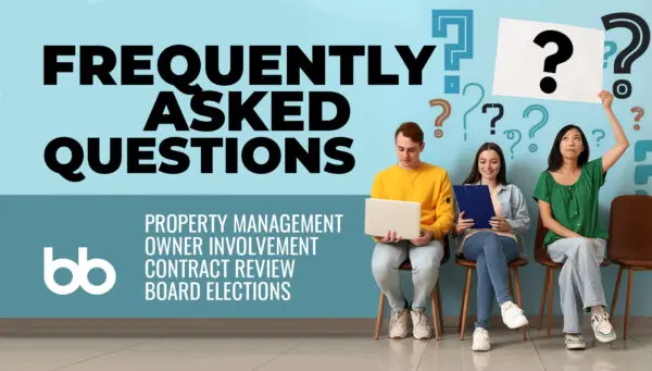 Three people sit on chairs, two reading documents and one holding a sign with a large question mark. Text reads: "Frequently Asked Questions" with property management topics listed below.