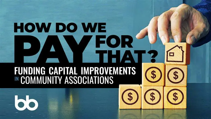 A hand stacks wooden blocks with dollar signs and a house icon next to text about funding capital improvements in community associations.