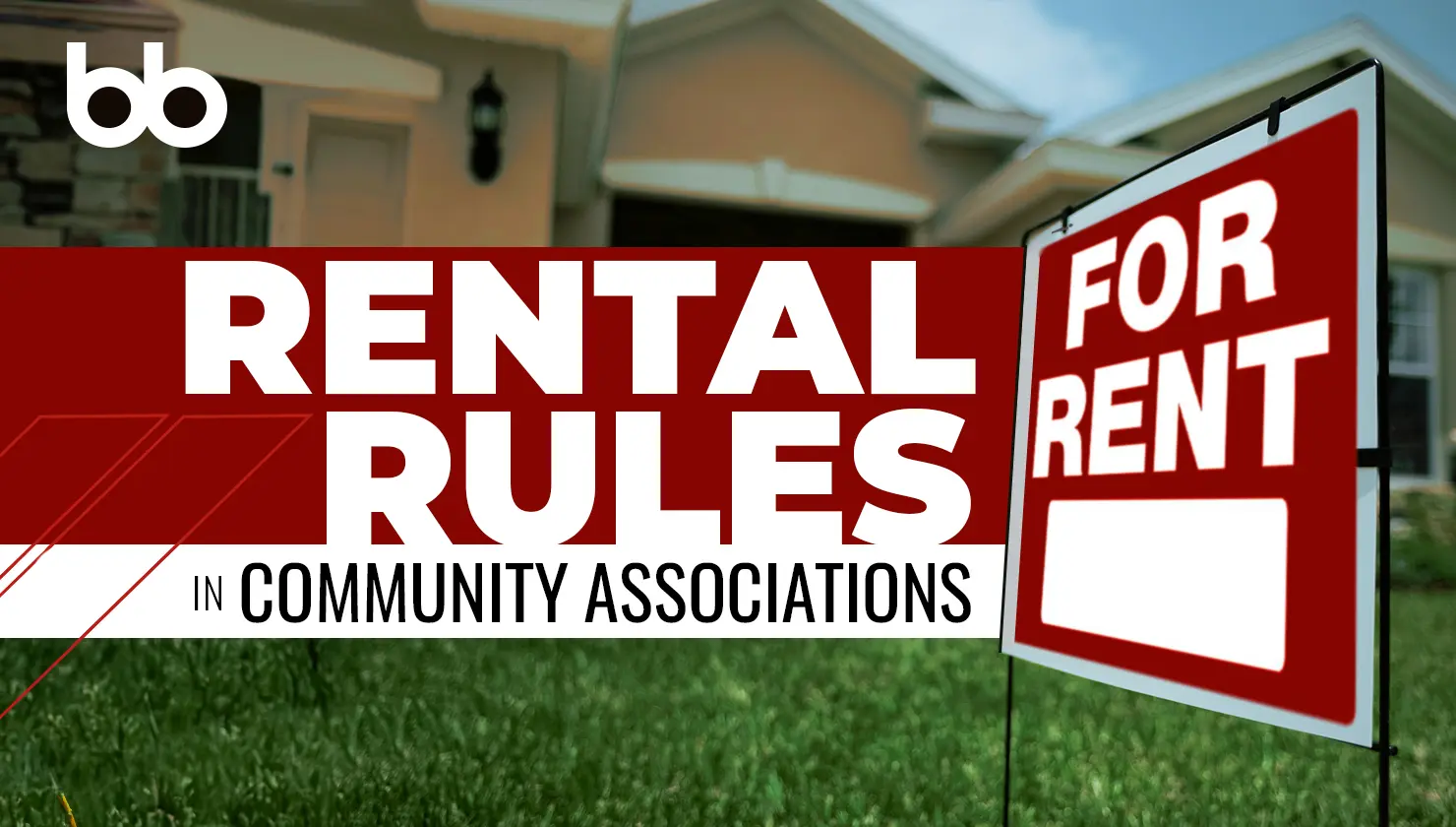 A "For Rent" sign is displayed in front of a house with text overlay reading "Rental Rules in Community Associations.