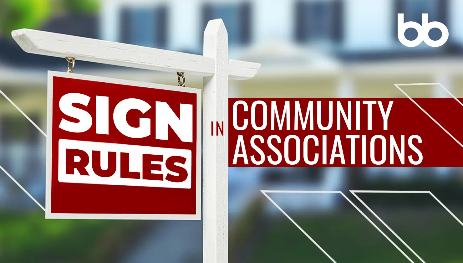 A real estate-style sign with the words "Sign Rules" and text reading "in Community Associations" over a blurred house background.