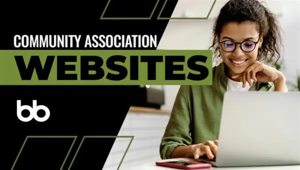 A woman with glasses is smiling while using a laptop. Text on the image reads, "Community Association Websites" with a "bb" logo below.