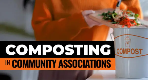 Person scraping vegetable scraps into a compost bin, with text reading "Composting in Community Associations.