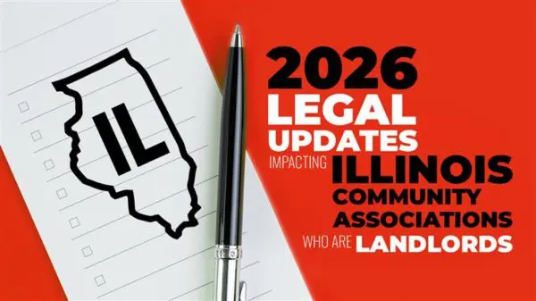A notepad with a pen and an outline of Illinois labeled "IL" sits beside text about 2026 Legal Updates Impacting Illinois Community Associations Who Are Landlords.