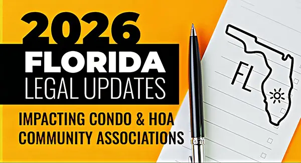 A graphic announces 2026 Florida legal updates for condo and HOA associations, shown with a pen and a notepad featuring an outline of Florida labeled "FL.