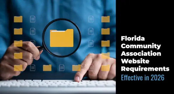Person using a keyboard with a digital folder icon and magnifying glass overlay, alongside text about new Florida community association website requirements effective in 2026.