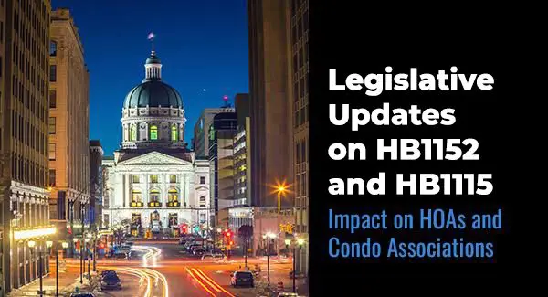 Nighttime city scene with a domed courthouse; text reads: "Legislative Updates on HB1152 and HB1115—Impact on HOAs and Condo Associations.