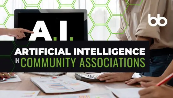 A computer screen displays "A.I." as people review documents; the text reads "Artificial Intelligence in Community Associations.