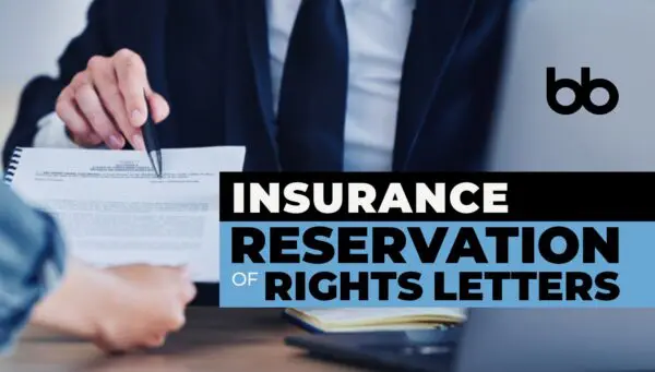 A person points to a document while another holds it, with the text "Insurance Reservation of Rights Letters" displayed prominently.