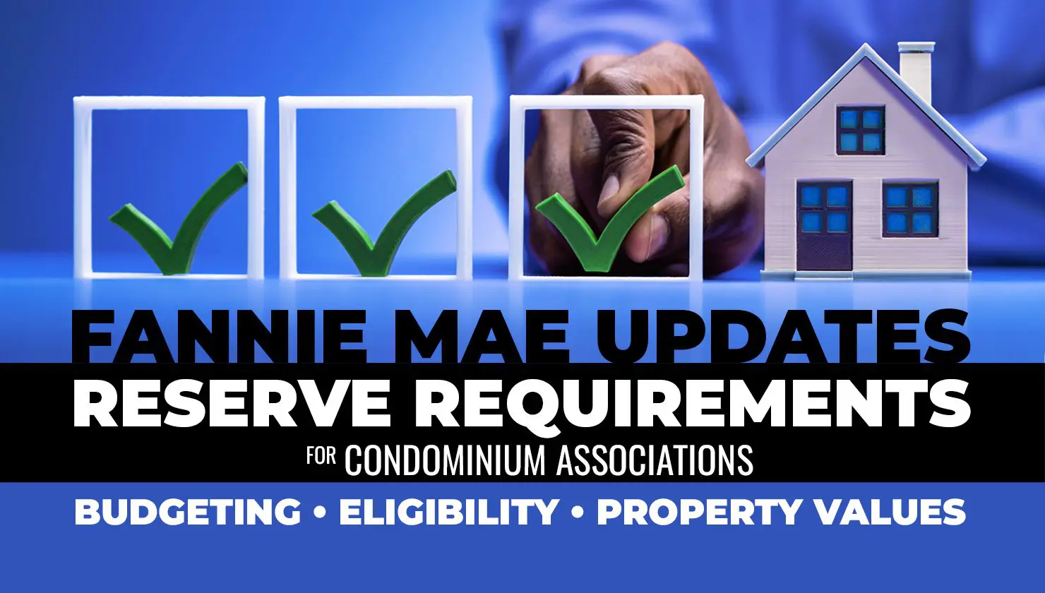 Three green checkmarks and a small house next to bold text reading "Fannie Mae Updates Reserve Requirements for Condominium Associations: Budgeting, Eligibility, Property Values.